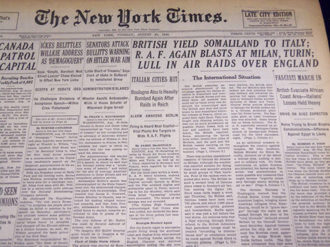1940 AUGUST 20 NEW YORK TIMES - BRITISH YIELD SOMALILAND TO ITALY - NT 2562