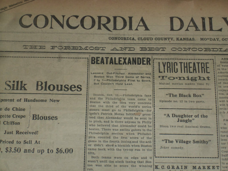 1915 OCTOBER 8-13 CONCORDIA DAILY KANSAN NEWSPAPER - WORLD SERIES - NP 3805
