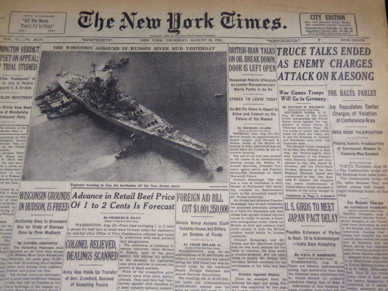 1951 AUG 23 NEW YORK TIMES - TRUCE TALKS ENDED CHARGE ATTACK ON KAESONG- NT 2045
