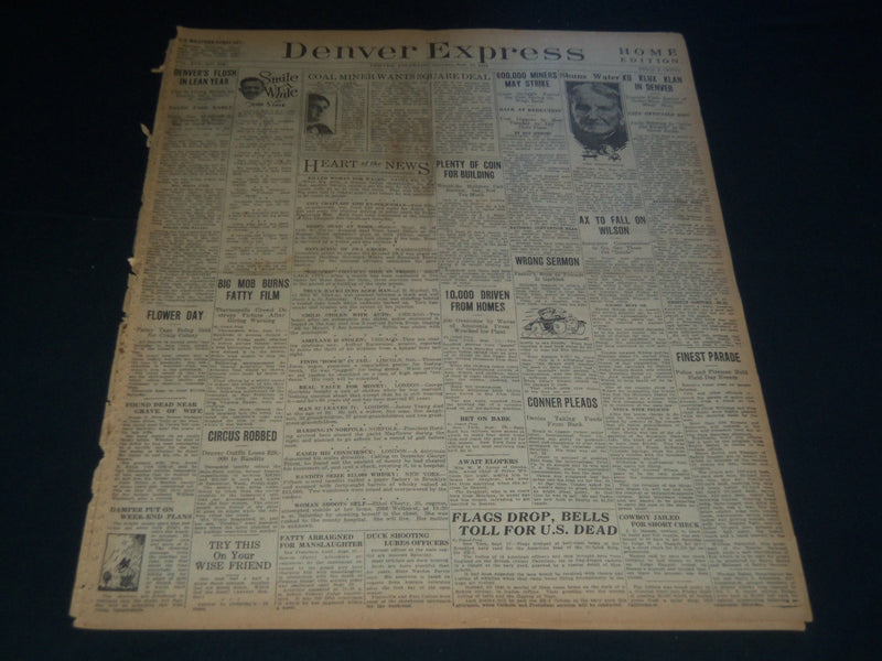 1921 SEPTEMBER 17 DENVER EXPRESS NEWSPAPER - MOB BURNS FATTY FILM - NT 7550