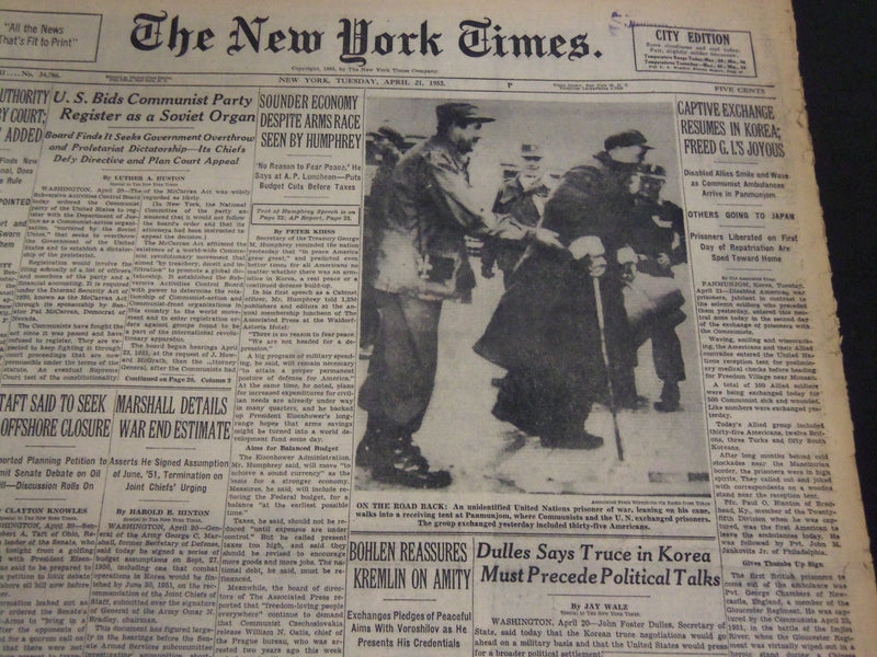 1953 APRIL 21 NEW YORK TIMES - CAPTURE EXCHANGE RESUMES IN KOREA - NT 4607