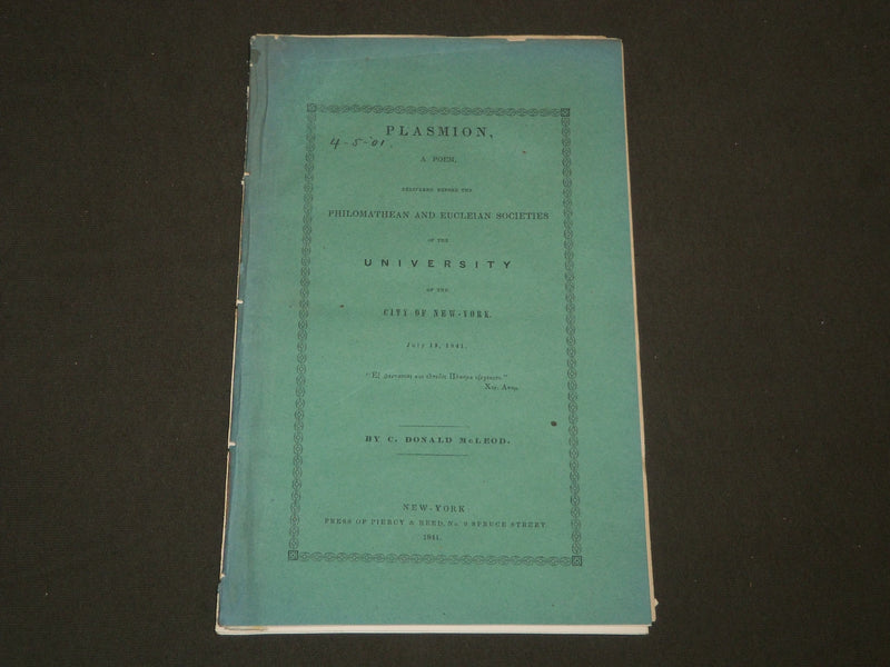 1841 PLASMION POEM - PHILOMATHEAN EUCLEIAN SOCIETIES - NEW YORK - J 4732