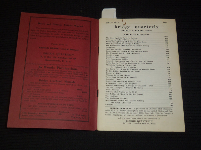 1958 BRIDGE QUARTERLY MAGAZINE - WORLD CHAMPIONSHIP ISSUE - K 1049
