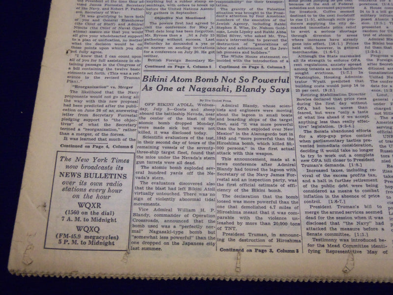1946 JULY 3 NEW YORK TIMES NEWSPAPER - BIKINI ATOM BOMB NOT SO POWERFUL - NT 1