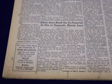 1946 JULY 3 NEW YORK TIMES NEWSPAPER - BIKINI ATOM BOMB NOT SO POWERFUL - NT 1
