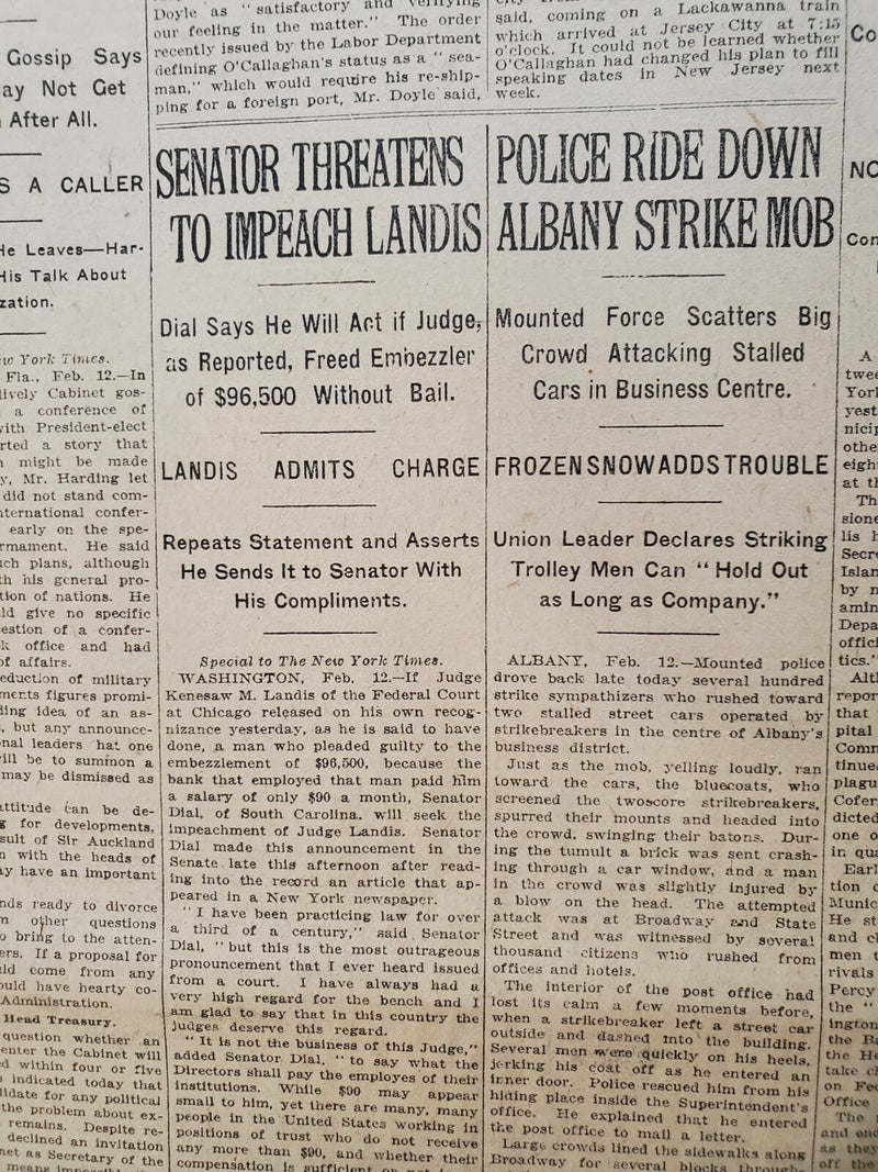 1921 FEBRUARY 13 NEW YORK TIMES - SENATOR THREATENS TO IMPEACH LANDIS - NT 8122