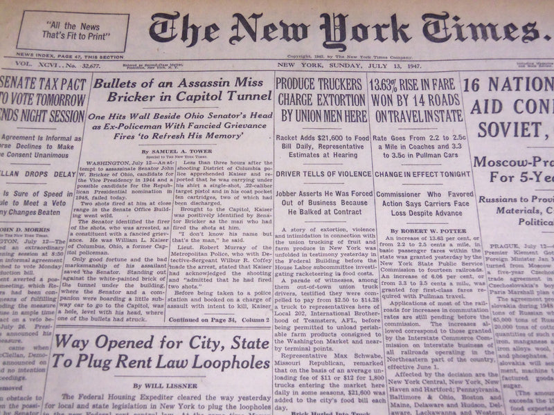 1947 JUL 13 NEW YORK TIMES - BULLETS OF ASSASSIN MISS BRICKER CAPITOL - NT 1408