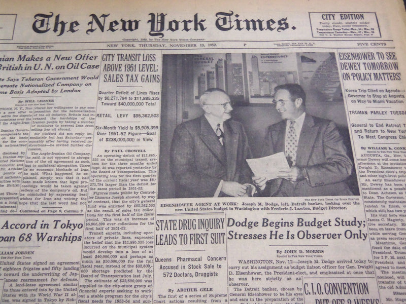 1952 NOV 13 NEW YORK TIMES - DODGE BEGINS BUDGET STUDY FOR EISENHOWER - NT 4528