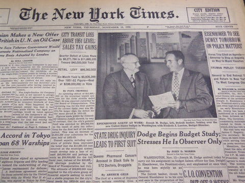 1952 NOV 13 NEW YORK TIMES - DODGE BEGINS BUDGET STUDY FOR EISENHOWER - NT 4528