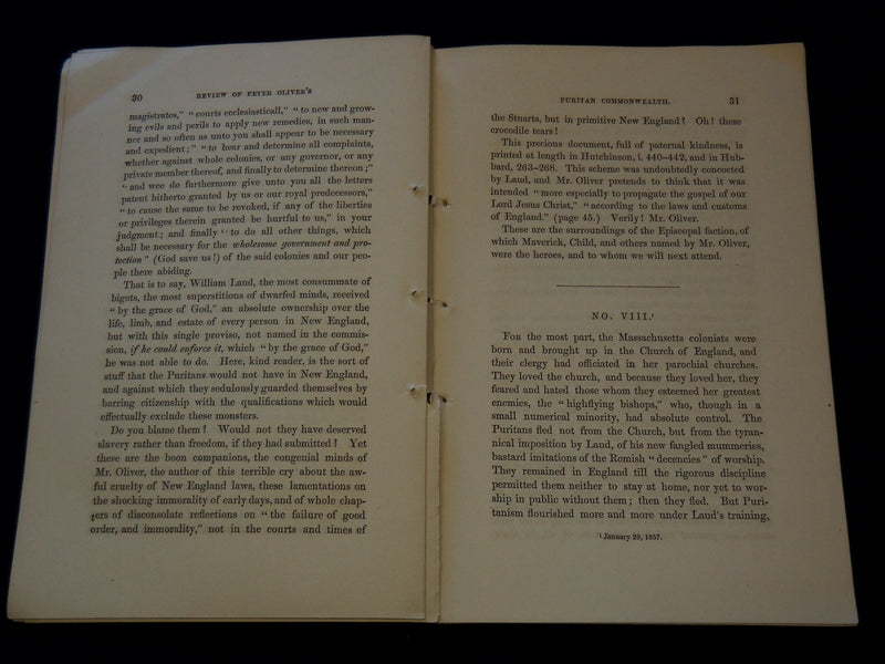 1857 PETER OLIVER'S PURITAN COMMONWEALTH REVIEWED BY WINGATE THORNTON - J 7547