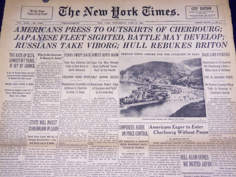 1944 JUNE 21 NEW YORK TIMES JAPANESE FLEET SIGHTED, BATTLE MAY DEVELOP - NT 1632