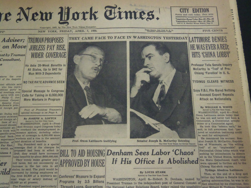 1950 APRIL 7 NEW YORK TIMES - LATTIMORE AND MCCARTY FACE TO FACE - NT 4627