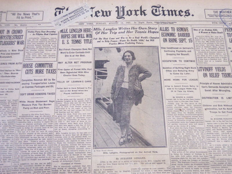 1921 AUGUST 14 NEW YORK TIMES - MLLE. LENGLEN WRITES HER OWN STORY - NT 5497