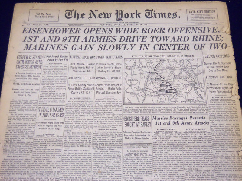 1945 FEB 24 NEW YORK TIMES - EISENHOWER OPENS WIDE ROER OFFENSIVE - NT 360