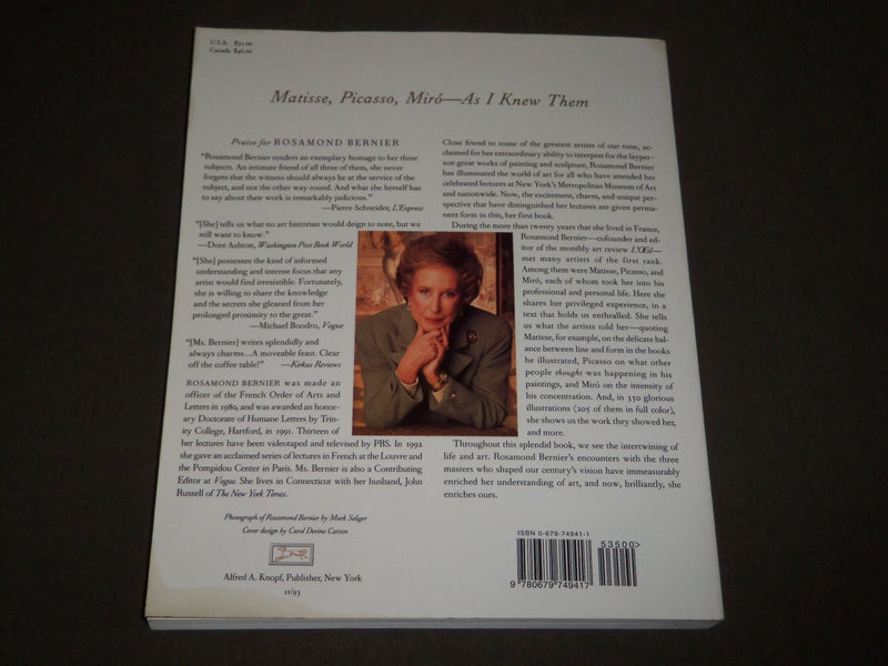 1991 MATISSE PICASSO MIRO AS I KNEW THEM CATALOG BY ROSAMOND BERNIER - KD 5078