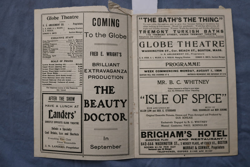 1904 AUGUST 1 GLOBE THEATRE PROGRAM - ISLE OF SPICE - COCA-COLA AD - K 2614