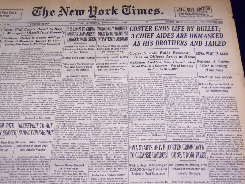 1938 DECEMBER 17 NEW YORK TIMES NEWSPAPER - COSTER ENDS LIFE BY BULLET - NT 2477