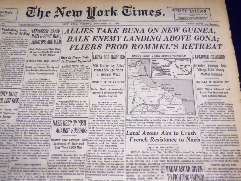 1942 DECEMBER 15 NEW YORK TIMES - ALLIES TAKE BUNA ON NEW GUINEA - NT 1226