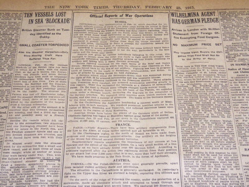 1915 FEBRUARY 25 NEW YORK TIMES - ALLIES CONSULT WILSON ON BLOCKADE END- NT 7774