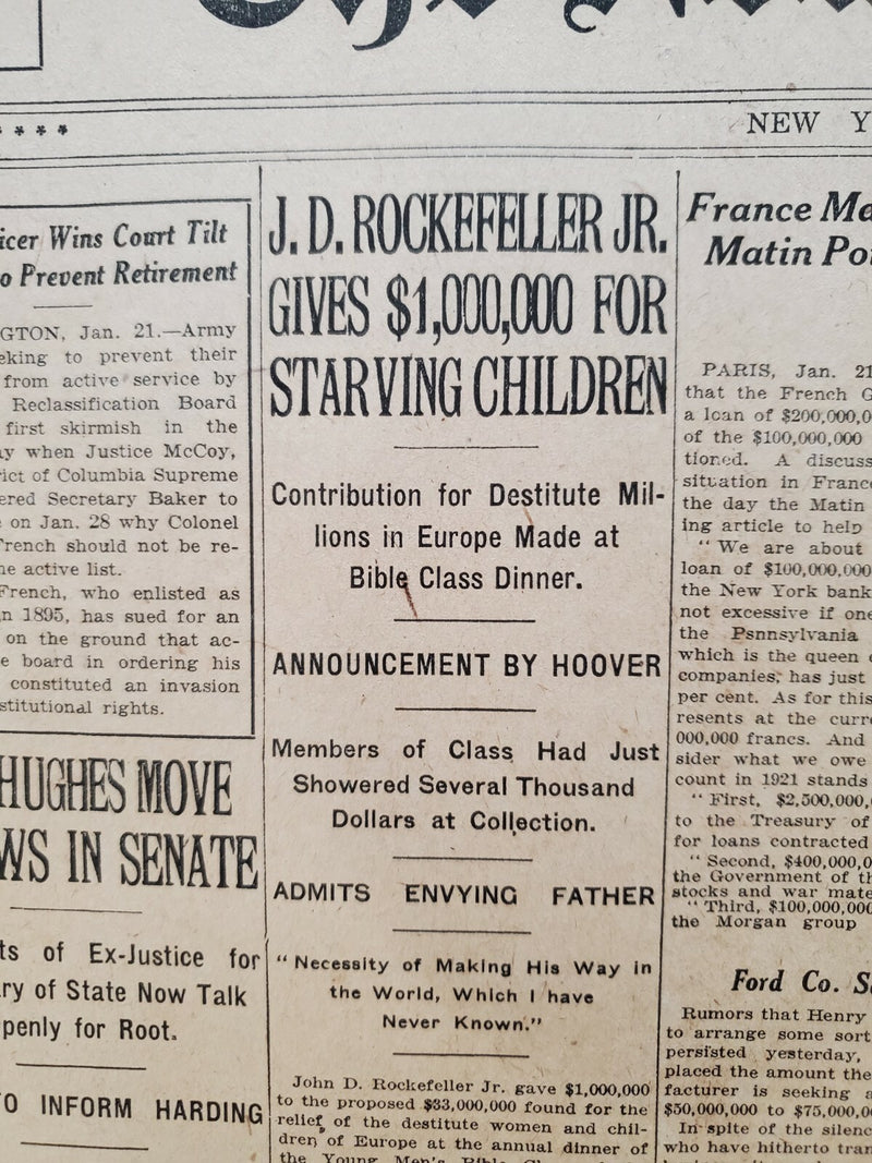 1921 JAN 22 NEW YORK TIMES-ROCKEFELLER GIVES $1MIL FOR STARVING CHILDREN-NT 8105
