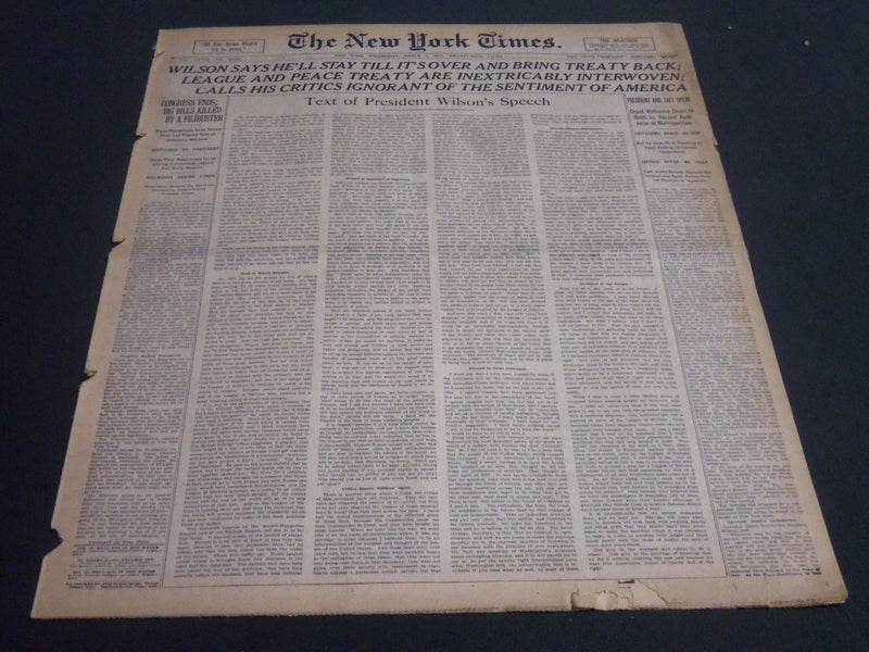 1919 MARCH 5 NEW YORK TIMES - WILSON SAYS HE'LL BRING TREATY BACK - NT 6652