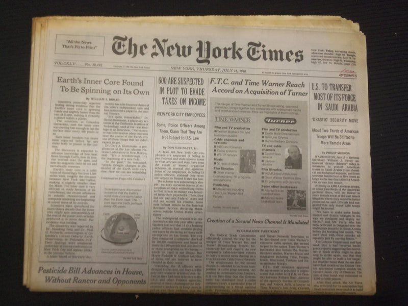 1996 JULY 18 NEW YORK TIMES NEWSPAPER -US TRANSFER FORCE IN SAUDI ARABIA-NP 7030