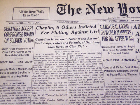 1944 FEB 11 NEW YORK TIMES - CHAPLIN 6 OTHERS INDICTED FOR PLOTTING - NT 741