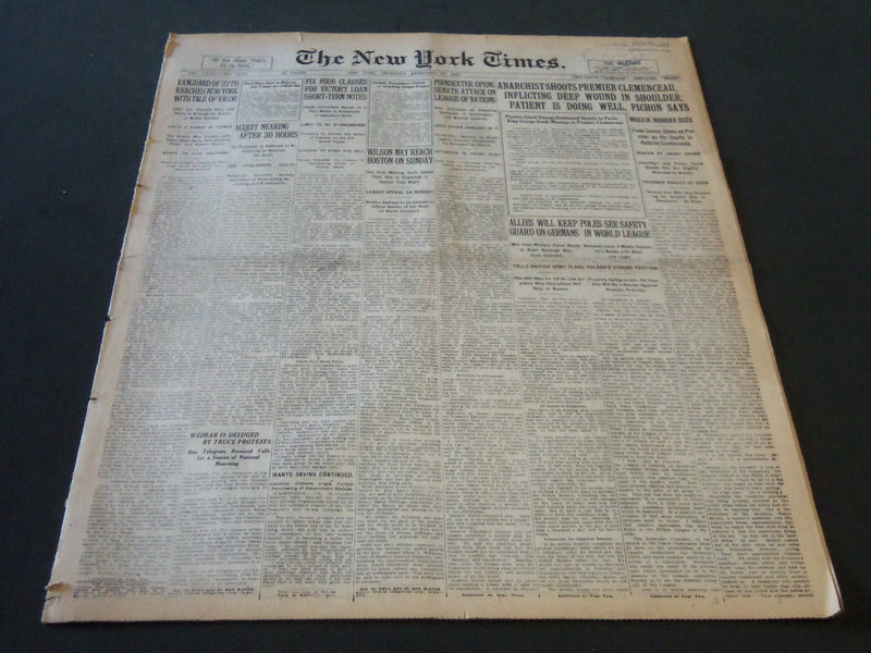 1919 FEBRUARY 20 NEW YORK TIMES - ANARCHIST SHOOTS PREMIER CLEMENCEAU - NT 6497