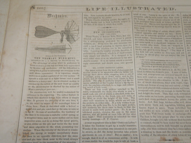 1855 DECEMBER 1 LIFE ILLUSTRATED NEWSPAPER - VERMONT WINDMILL GREELEY - NP 4790