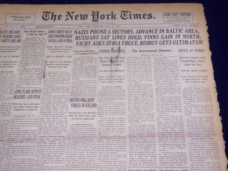 1941 JULY 10 NEW YORK TIMES - NAZIS POUND 3 SECTIONS ADVANCE IN BALTIC - NT 1426