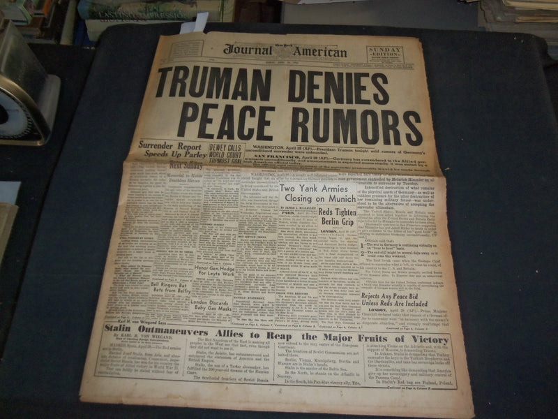 1945 APRIL 29 NY JOURNAL AMERICAN NEWSPAPER -TRUMAN DENIES PEACE RUMORS- NP 3510