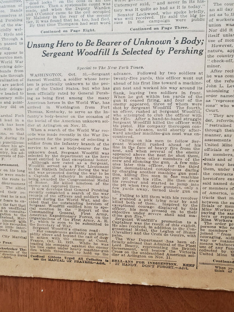 1921 NOV 1 NEW YORK TIMES-SERGEANT WOODTILL TO BE BEARER OF UNKOWN'S BODY-NT8028