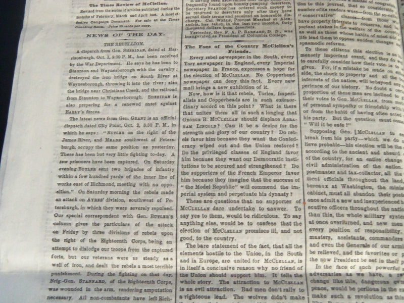 1864 OCTOBER 4 NEW YORK TIMES NEWSPAPER - GRANT'S OPERATIONS - NP 3987