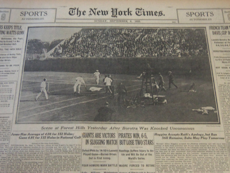 1925 SEPTEMBER 6 NEW YORK TIMES - JONES KEEPS TITLE BOROTRA UNCONSCIOUS- NT 6488