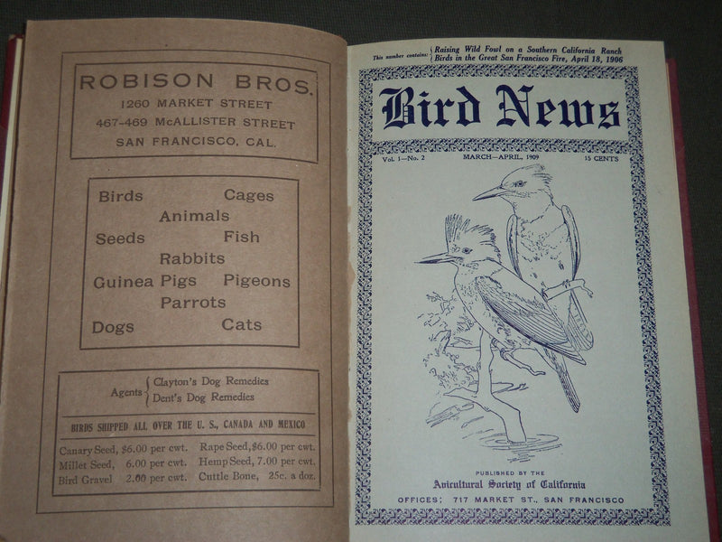 1909 BIRD NEWS BOUND VOLUME NO. 1 - AGRICULTURAL SOCIETY OF CALIFORNIA - KD 5777