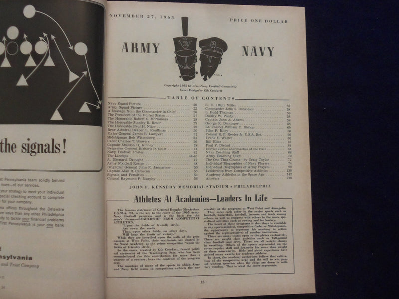 1965 NOVEMBER 27 ARMY-NAVY FOOTBALL PROGRAM - JFK MEMORIAL STADIUM - K 133