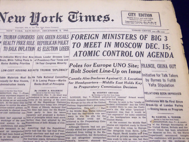 1945 DEC 8 NEW YORK TIMES - FOREIGN MINISTERS OF BIG 3 TO MEET IN MOSCOW- NT 252