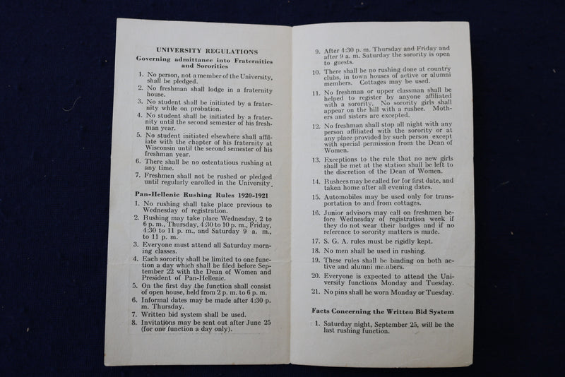 1920-1921 UNIVERSITY OF WISCONSIN PAN-HELLENIC REGULATIONS BOOKLET - K 949