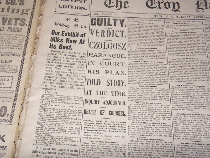 1901 SEPT THE TROY DAILY TIMES NEWSPAPER LOT OF 4 - CZOLGOSZ TRIAL - NP 1426C