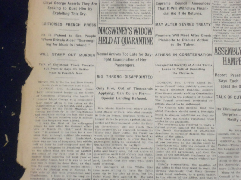 1920 DECEMBER 4 NEW YORK TIMES - MACSWINEY WIDOW HELD AT QUARANTINE - NT 8474