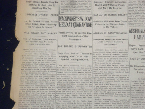 1920 DECEMBER 4 NEW YORK TIMES - MACSWINEY WIDOW HELD AT QUARANTINE - NT 8474