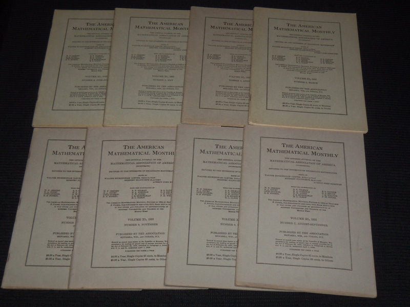 1933 THE AMERICAN MATHEMATICAL MONTHLY MAGAZINE LOT OF 8 - WR 277E