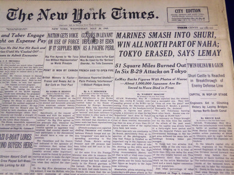 1945 MAY 30 NEW YORK TIMES - MARINES SMASH INTO SHURI, TOKYO ERASED - NT 668
