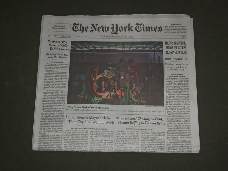 2017 JULY 24 NEW YORK TIMES - TRUMP, IN SWITCH, SEEMS TO ACCEPT RUSSIA SANCTIONS