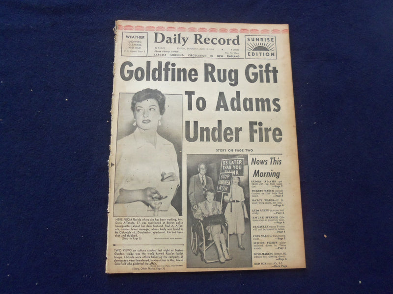 1958 JUNE 14 BOSTON RECORD AMERICAN NEWSPAPER-GOLDFINE RUG GIFT TO ADAMS-NP 6271