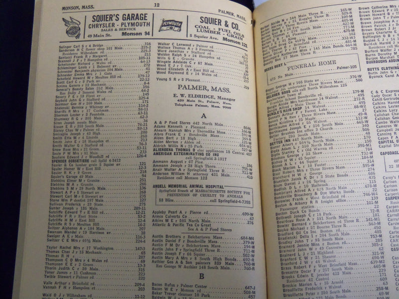 1939 MARCH PALMER DISTRICT TELEPHONE DIRECTORY - MASSACHUSETTS - J 8807