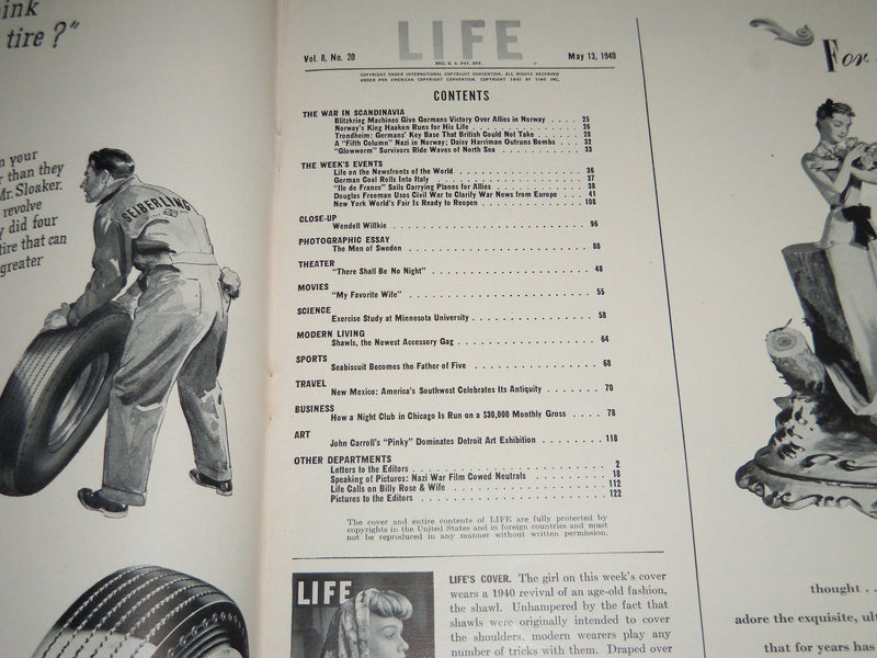 1940 MAY 13 LIFE MAGAZINE - SILK SHAWLS IN FASHION COVER - L 182