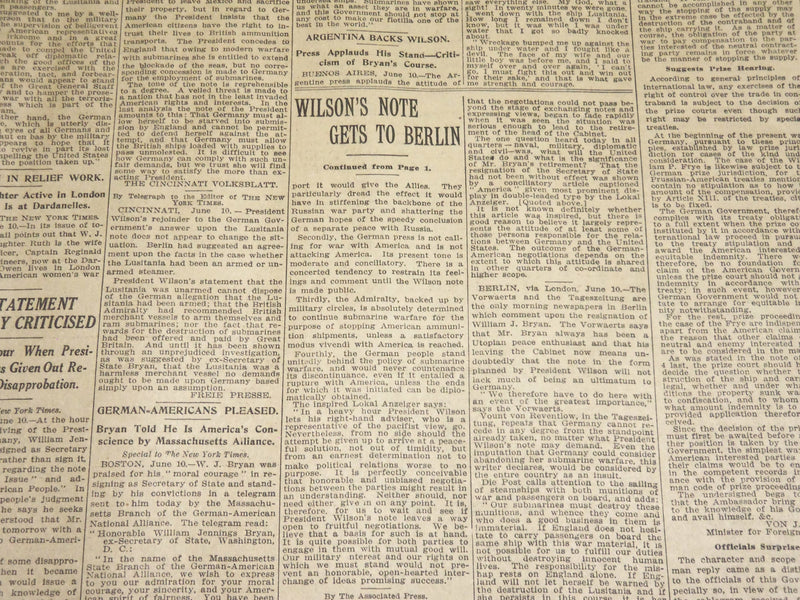 1915 JUNE 11 NEW YORK TIMES - WILSON TELLS GERMANY NO RIGHT TO ENDANGER- NT 7699