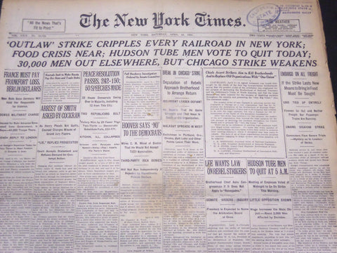 1920 APRIL 10 NEW YORK TIMES - OUTLAW STRIKE CRIPPLES RAILROAD IN NY - NT 5377