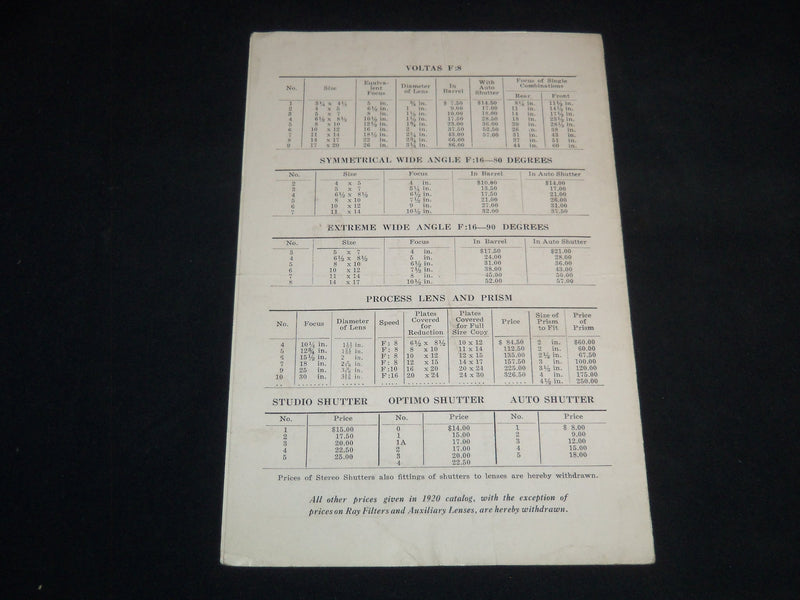 1921 WOLLENSAK LENSES AND SHUTTERS PRICE LIST - WOLLENSAK OPTICAL CO. - J 9145